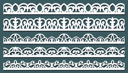 Collection  seamless borders for design. Black lace silhouette isolated on white background. Suitable for laser cutting. Vector illustration. - obrazy, fototapety, plakaty