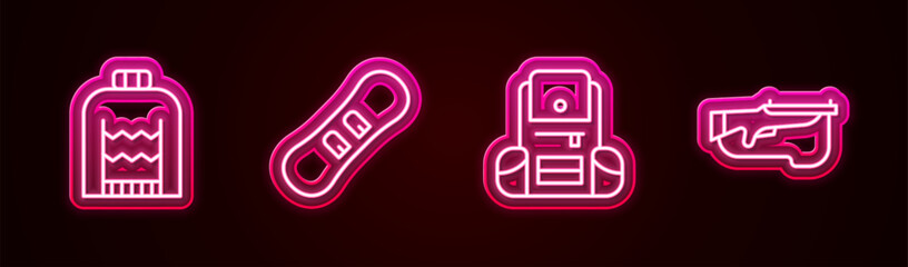 Set line Christmas sweater, Snowboard, Hiking backpack and Biathlon rifle. Glowing neon icon. Vector