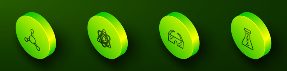 Set Isometric line Molecule, Atom, Safety goggle glasses and Test tube and flask icon. Vector