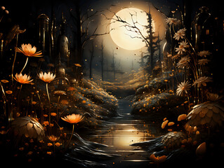 night in the forest, magical scene, gold and black magic forest