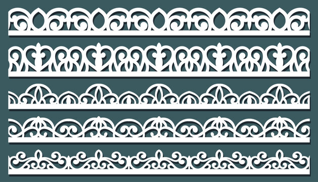 Collection  seamless borders for design. Black lace silhouette isolated on white background. Suitable for laser cutting. Vector illustration.