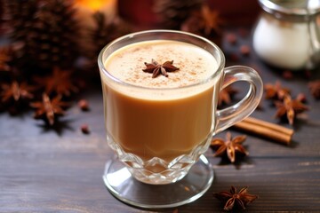 star anise floating on a mug of frothy mulled cider