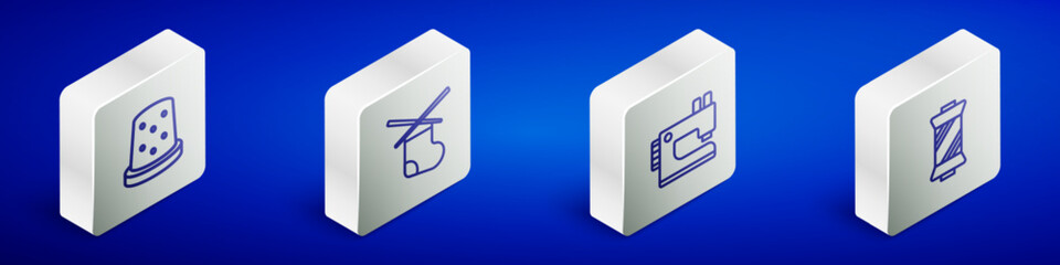 Set Isometric line Thimble for sewing, Knitting needles, Sewing machine and thread on spool icon. Vector