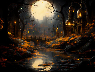 night in the forest, magical scene, gold and black magic forest