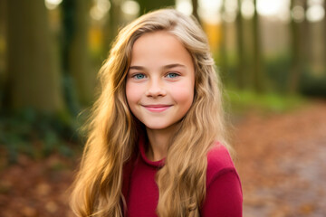 Naklejka premium A girl in a red top posing in a forest.