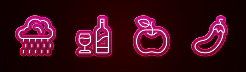 Set line Cloud with rain, Wine bottle glass, Apple and Eggplant. Glowing neon icon. Vector
