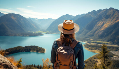 Traveler woman look at the mountain lake. Travel and active life concept - obrazy, fototapety, plakaty