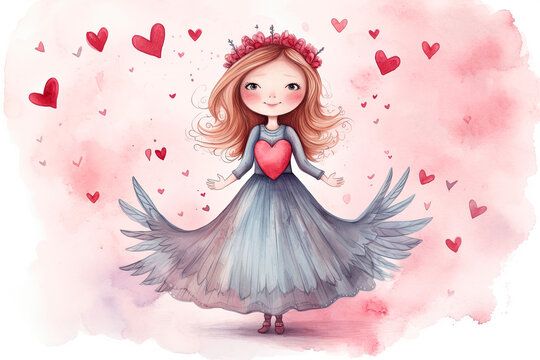Cute little princess with heart. Watercolor illustration on white background