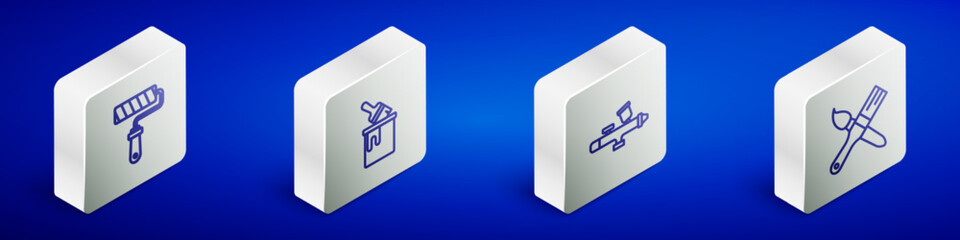 Set Isometric line Paint roller brush, bucket with, spray gun and icon. Vector