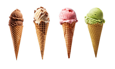 Set of various flavor ice cream cone,vanilla,matcha green tea,strawberry and chocolate isolated on transparent background. Generative Ai