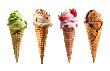 Set of various flavor ice cream cone,vanilla,matcha green tea,strawberry and chocolate isolated on transparent background. Generative Ai