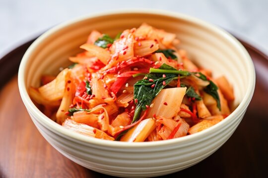 detailed image of fresh young radish kimchi in a bowl