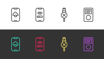 Set line Cloud technology data, Mobile with wi-fi wireless, No usb cable cord and Music player on black and white. Vector