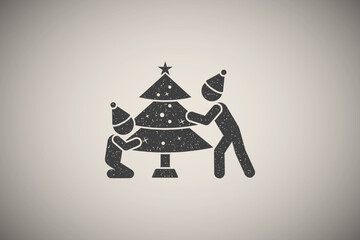Family decorates a Christmas tree icon vector illustration in stamp style