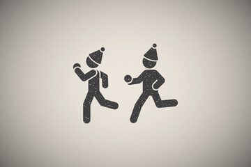 Children play snowballs icon vector illustration in stamp style