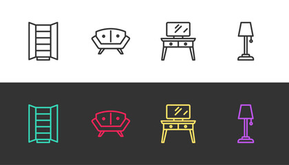 Set line Wardrobe, Sofa, Dressing table and Floor lamp on black and white. Vector