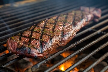 grill marks on marinated skirt steak on barbecue