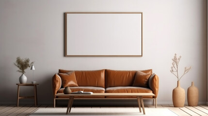 modern living room.brown  sofa, large white poster on the wall