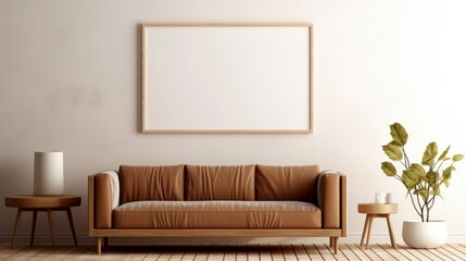 modern living room.brown sofa, large white poster on the wall