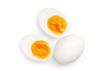 Fresh hard boiled chicken eggs isolated on white, top view, Clipping path included