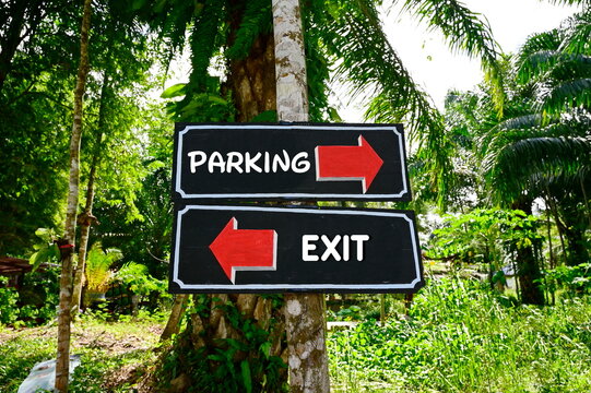 Two black wooden signs with white frames, red arrows pointing in opposite directions with white text The parking lot has an arrow pointing to the right, the exit has an arrow pointing to the left.
