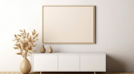 white chest of drawers against the wall with an empty frame for poster mockup and copy space. Modern living room design in boho style. Home comfort