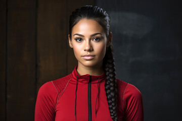 girl with tanned skin and black hair braided, dressed in a red pullover, portrait