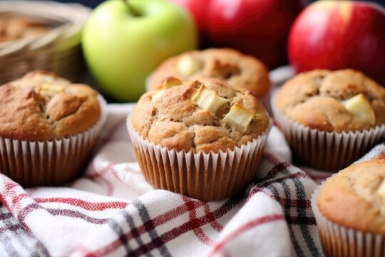 apple cinnamon muffins on a checkered cloth