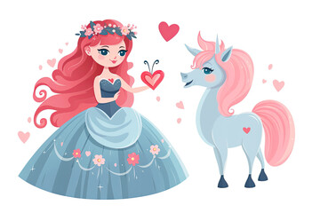 Beautiful cute little princess girl with unicorn. Watercolor illustration