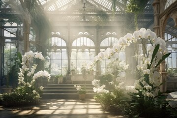 Botanical paradise. Tropical orchid blooms flourish inside a majestic glasshouse.