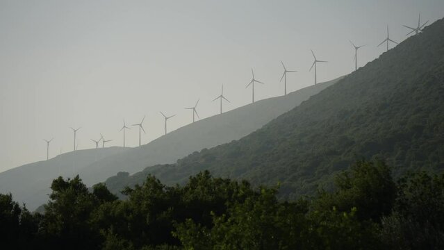 View of wind turbines on windy ridge near Poulata, Kefalonia (Cephalonia), Ionian Islands, Greek Islands