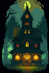 print design for t-shirt. 8 bit. House with the ghosts
