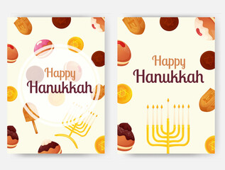 Hanukkah greeting vertical banner collection with different festive elements.