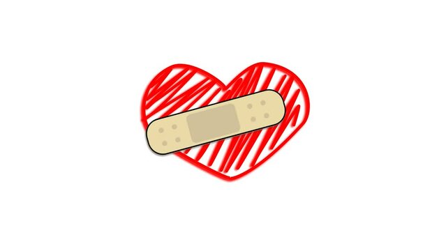 Medical plaster on red heart. Vector illustration in flat style. 4K video illustration.