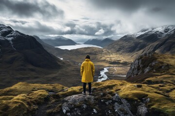 Hiker in the mountains, yellow parka. 