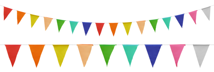 Carnival garland, birthday party decoration. Rainbow Pennant Banner Flags. Colorful multicolored triangular flags. Png transparency