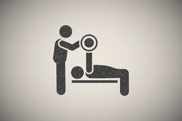 Weightlifting gym muscle two man with arrow pictogram icon vector illustration in stamp style