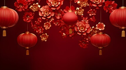 chinese red oriental lanterns with flowers on a red background