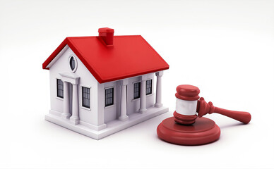 Legal auction and real estate, with a symbolic gavel and miniature house, represent the intersection of law, property, taxes, and investments