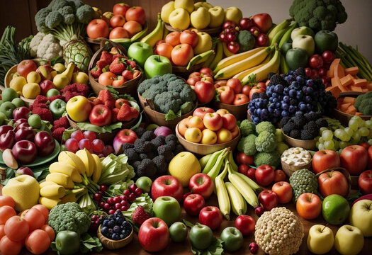 Top view of various types of healthy food fruits vegetables and grains