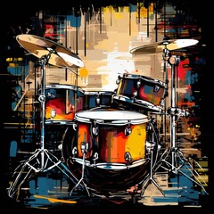 Abstract image of drum set and splashes of paint on grunge background. Musical instruments. Vintage style.