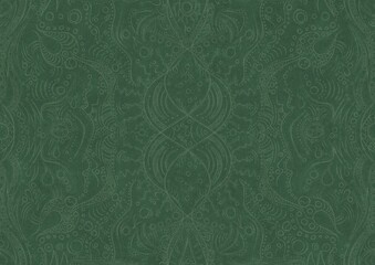 Hand-drawn unique abstract symmetrical seamless ornament. Bright semi transparent green on a deep warm green background. Paper texture. Digital artwork, A4. (pattern: p09a)