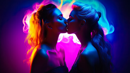 Beautiful sexy lesbian couple kissing in neon lights. Homosexuality, same-sex relationships concept
