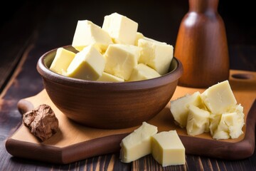 shea butter chunks in a rustic bowl on wooden background