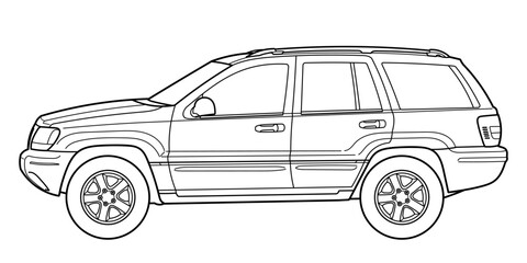 Classic luxury american suv car. Crossover car front view shot. Outline doodle vector illustration. Design for print, coloring book