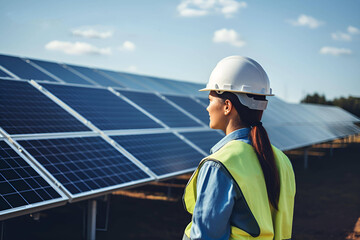 Woman engineer wearing hard hat at solar panels electric station. View from behind