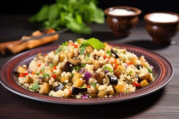 Obraz na płótnie Canvas couscous salad with chopped eggplants on a ceramic plate
