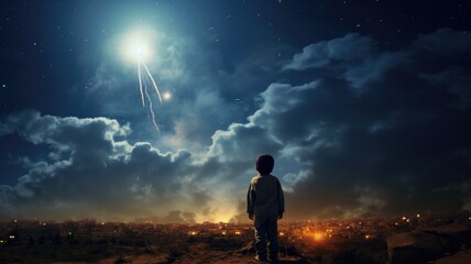 Back view of a little boy watching the missiles striking on a destroyed city at night. War and geopolitical conflicts. - obrazy, fototapety, plakaty