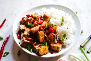  Szechuan tofu stir fry served with jasmin rice, selective focus