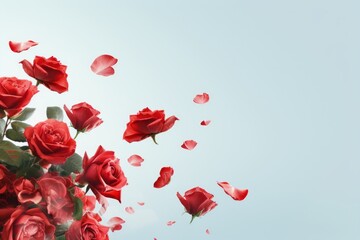 Many delicate tender pink big and small open and closed red roses, flowers and buds levitating, blue sky background